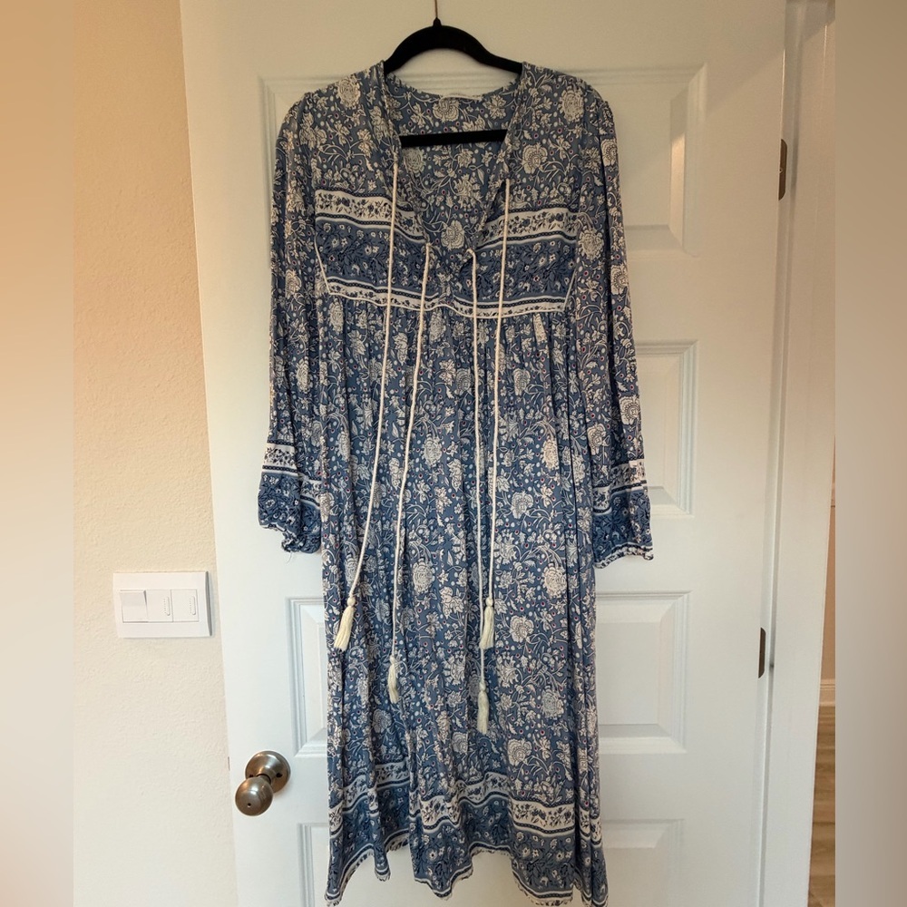 R. ViVimos Boho Blue Floral Tie-Front Midi Summer Vacation Dress Loose Fit Small
